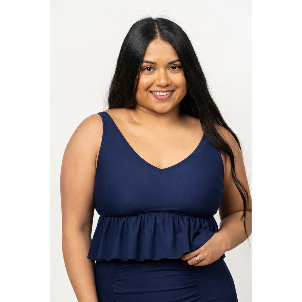 Kortni Jeane Navy Blue Peplum V-Neck Swim Top XL NWT Ruffle Tankin NWTi